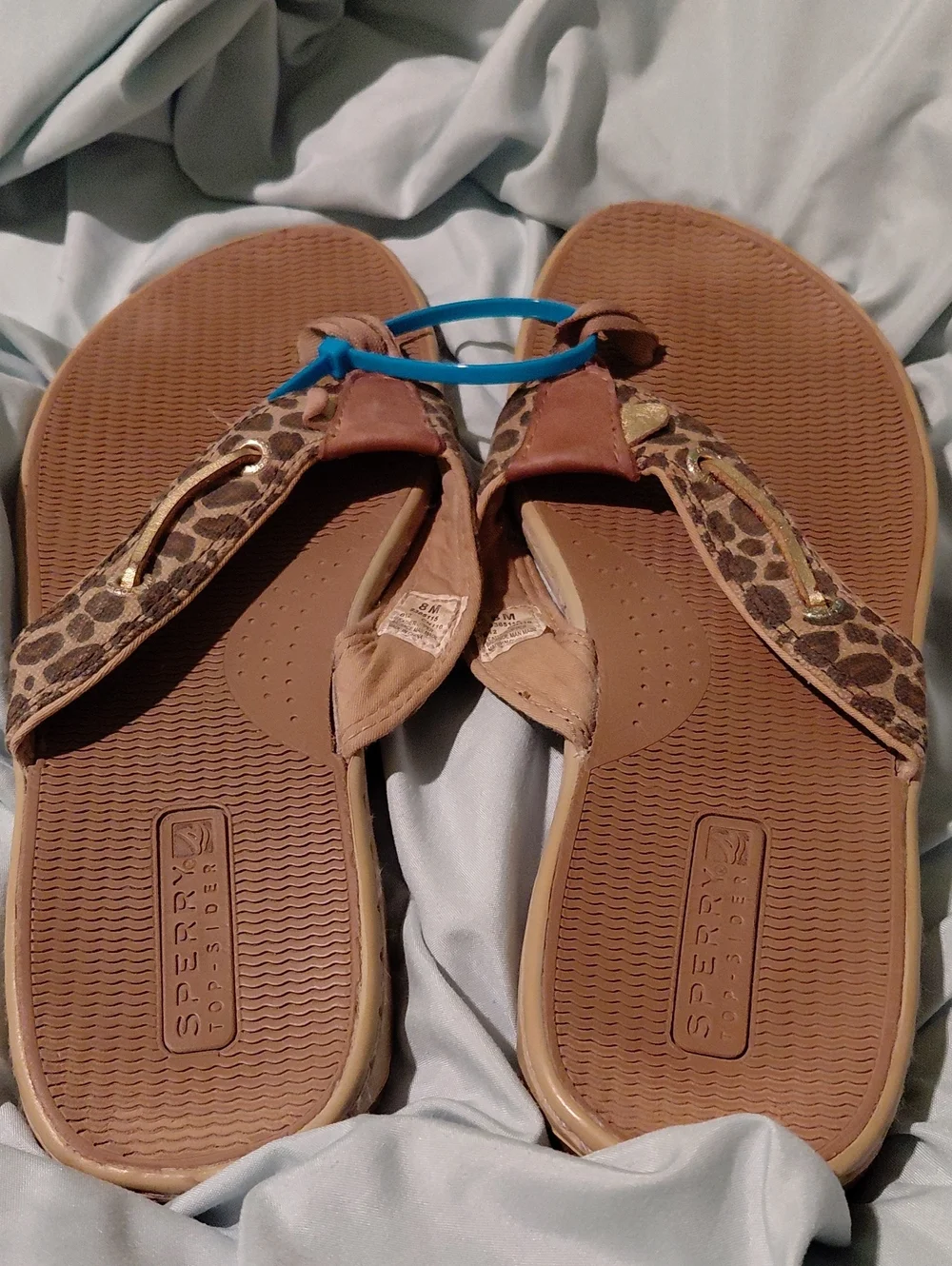 Sperry Leopard-Print Brown Thong Sandals with Gold Accent